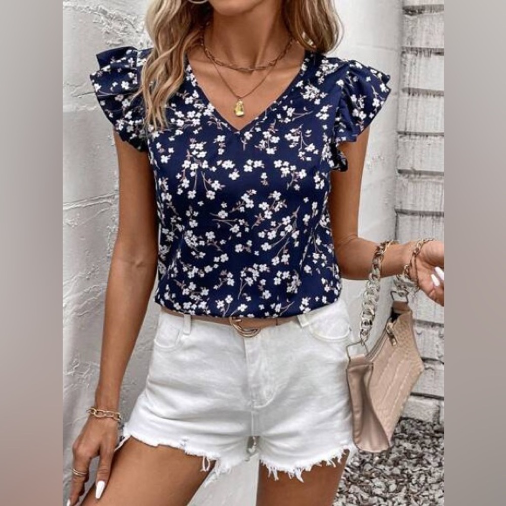 Shein Navy Floral Ruffle Sleeve V-Neck Blouse Top Size Medium
